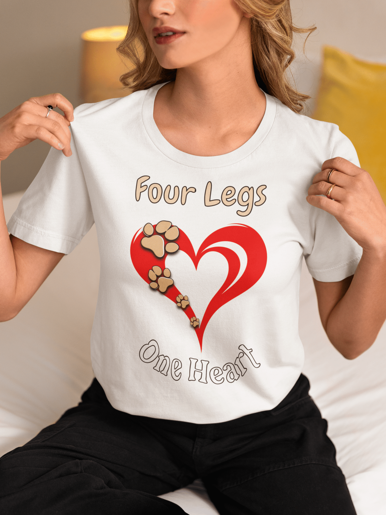 Model wearing Four Legs One Heart shirt
