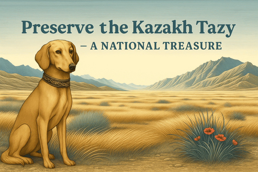 Illustration of a Kazakh Tazy standing proudly on the open steppe with mountain backdrops and red poppies, symbolizing the need to preserve this rare national treasure.