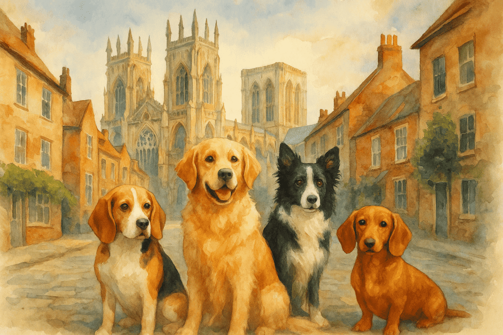 Illustration of four dogs—a Beagle, Golden Retriever, Border Collie, and Dachshund—sitting on a cobbled street in York, North Yorkshire, with York Minster in the background